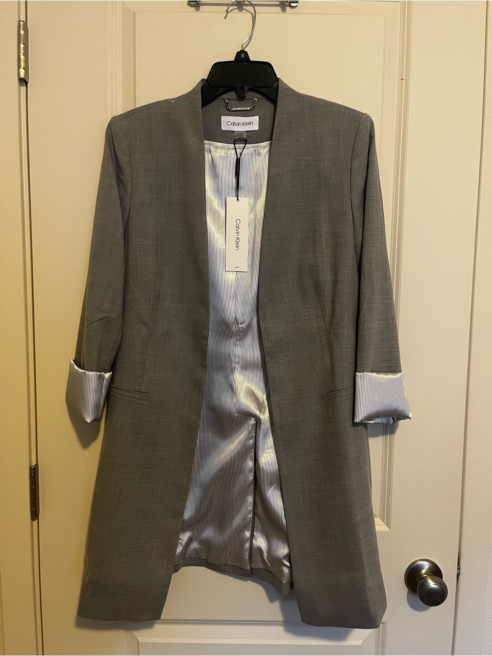 Calvin Klein Light Gray Collarless Long Blazer